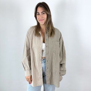 Tan and Green Plaid Half & Half Lounge Shirt